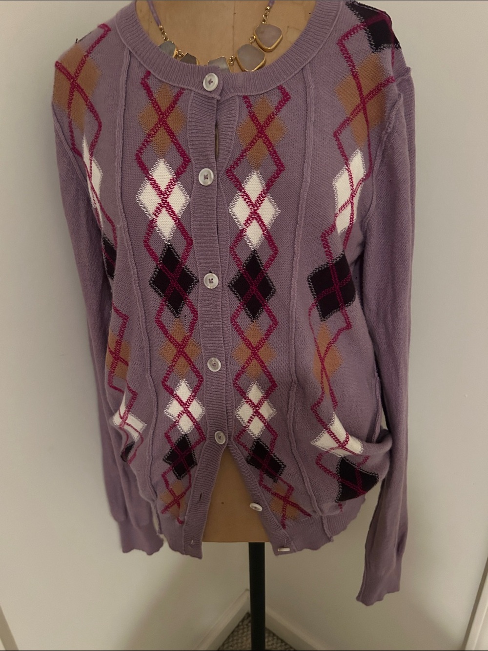 We The Free Lavender Argyle Button-Up Sweater Wool Cotton Cashmere Cardigan